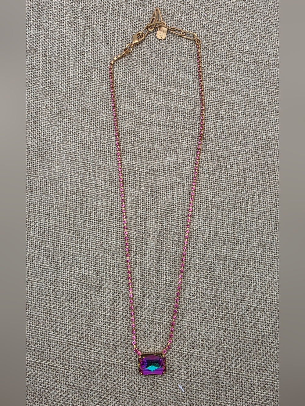Gold-Tone Necklace with Pink Chain and Iridescent Pendant